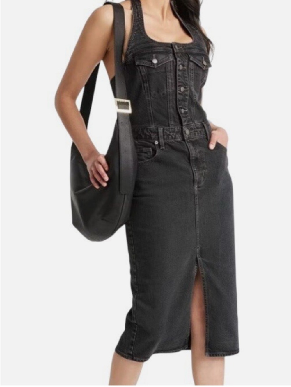 Universal Thread Black Denim Halter Midi Overall Dress